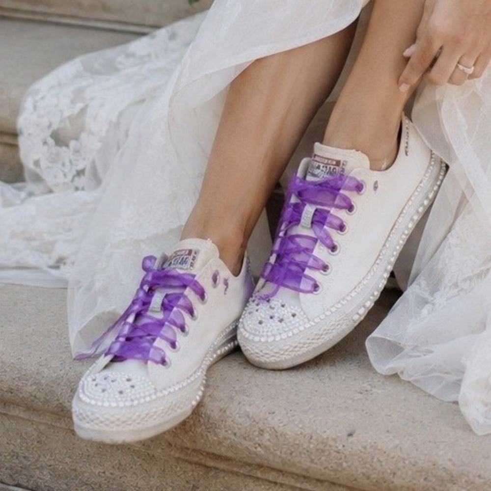 Custom White Converse Chuck Taylor All Star Low Top Sneakers Embellished 10.5
